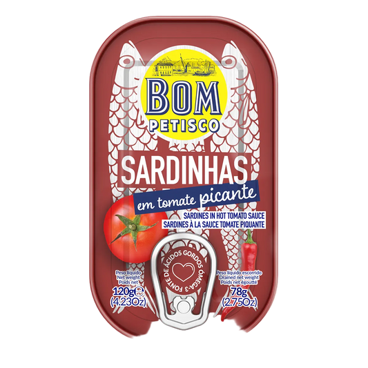 Bom Petisco sardine can packaging with tomato and fish design on a white background