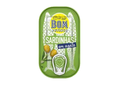 Green tin of sardines with 'Bom Petisco' branding on a white background