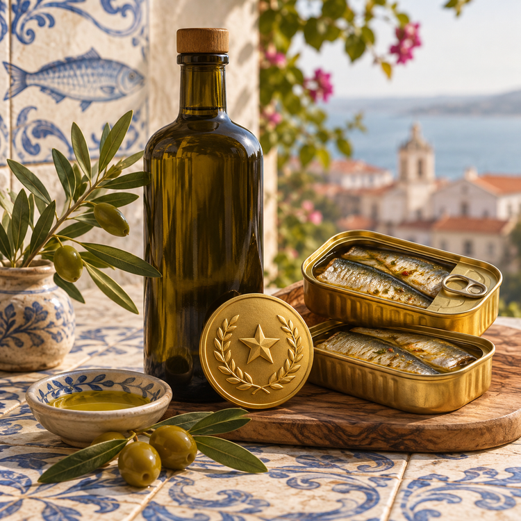 Portuguese gourmet food award collection: illustrated olive oil, sardines and gold medallion