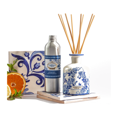 Portus Cale Gold & Blue Diffuser Refill 250ml with matching diffuser – official styled view