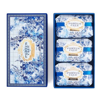 Portus Cale Gold & Blue soap set, three 150g wrapped soaps in a blue gift box