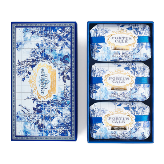 Portus Cale Gold & Blue soap set, three 150g wrapped soaps in a blue gift box
