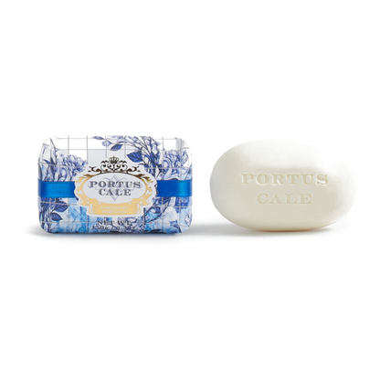 Portus Cale Gold & Blue soaps unwrapped beside the reusable gift box, three 150g bars