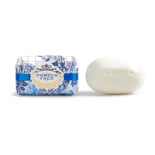 Portus Cale Gold & Blue soaps unwrapped beside the reusable gift box, three 150g bars