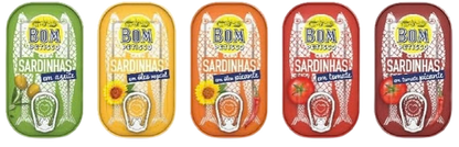 Five tins of Bom Petisco sardines in various flavors arranged in a row.