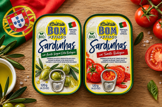 🇵🇹 Bom Petisco BIO Portugali sardiinide degusteerimiskomplekt (2 × 120 g) – Portugali lipu väljaanne