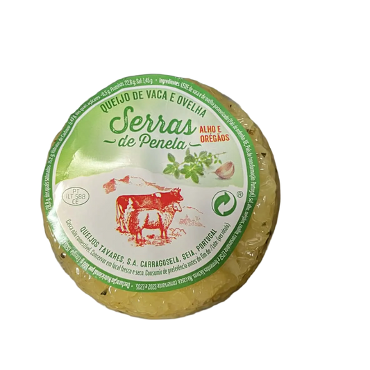 Round cheese with green label on a white background
