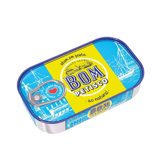 Bom Petisco snack tin with blue and yellow design on a white background